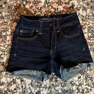 AE super stretch denim shorts, size 00 dark blue